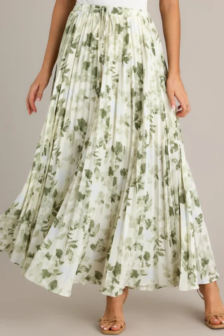 Green Floral Pleated Maxi Skirt